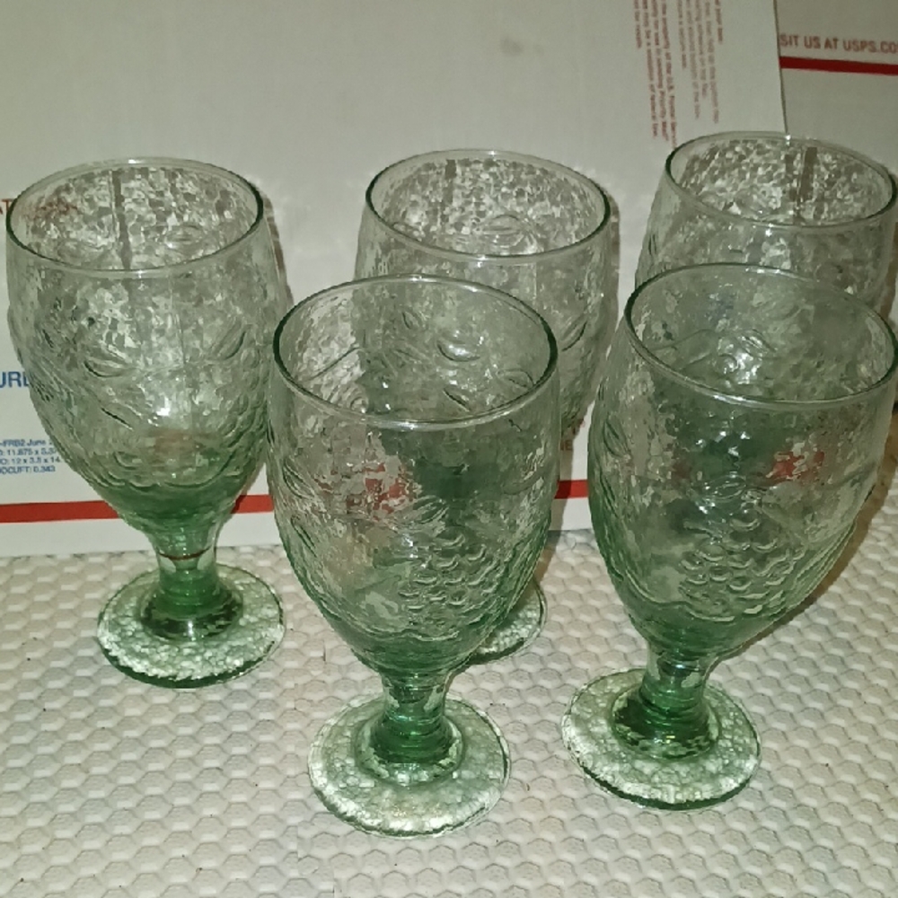 Green Embossed Glass Goblets Set